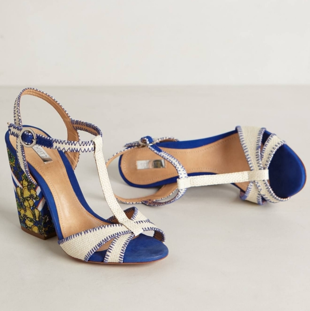 Anthropologie Schutz Almendro Lemon Print T-Strap Raffia Block Heel Sandal Pumps